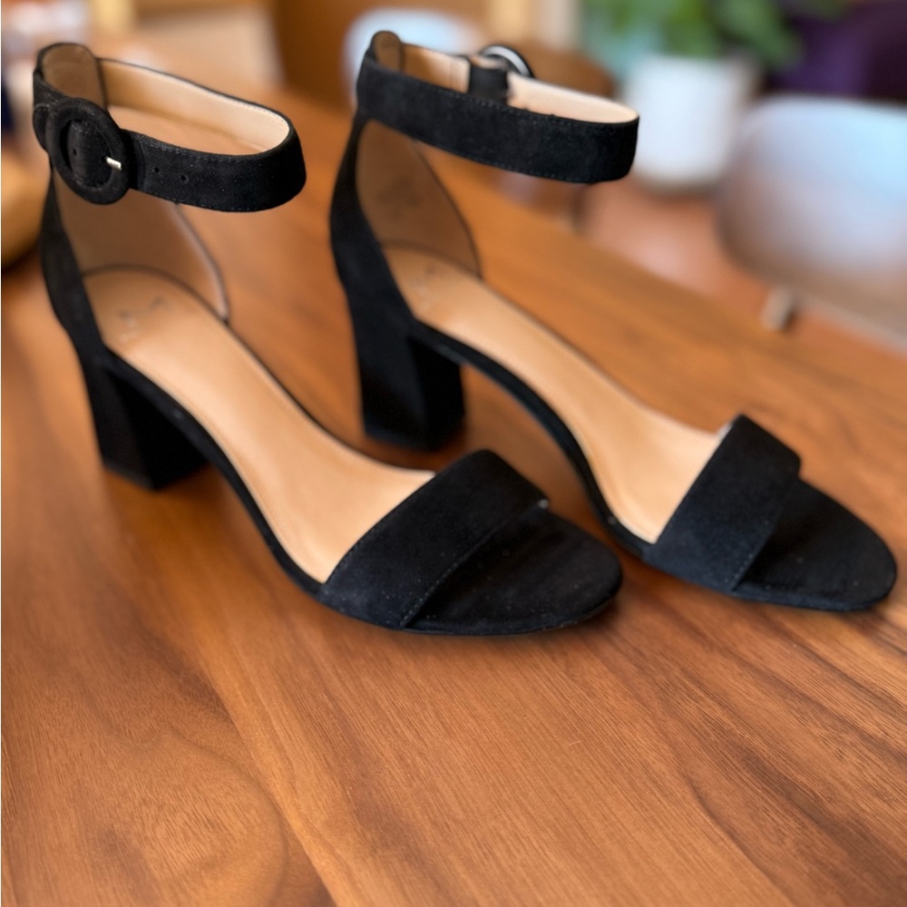 Marc Fisher “Karlee” Black Suede Ankle Strap Block Heels